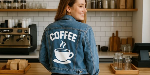 Girl wearing coffee on her jackect with a custom banana boo dtf transfer