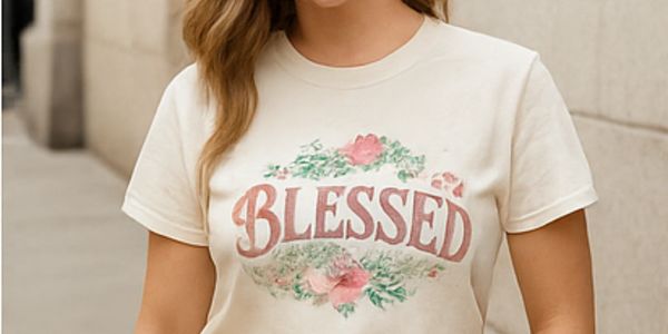 Girl wearing a custome blessed T-shirt with a DTF Transfer