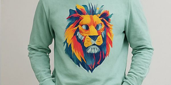 Wearing a sweatshirt with a custom colorful lion on a light blue sweatshirt. 