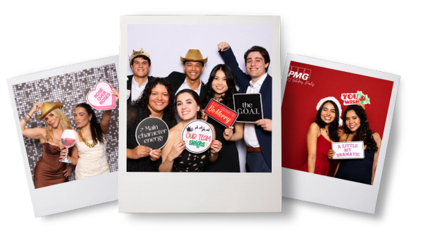 Group and duo photos with fun signs at a festive event.