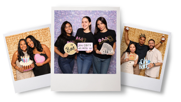 Three lively photo booth pictures with smiling friends holding fun props.