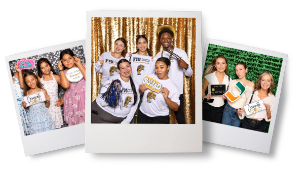 Collage of diverse groups celebrating graduation with fun props.