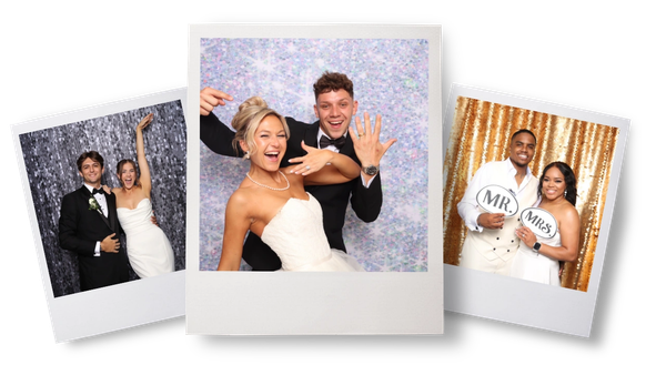 Three wedding photo booth pictures of different couples and backgrounds.