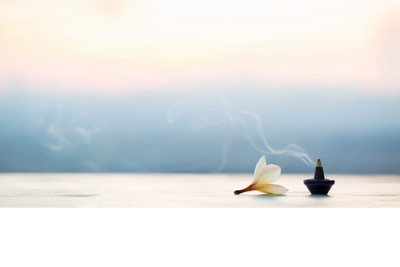 An incense cone burning on a table next to a flower petal with the ocean and sky in the background.