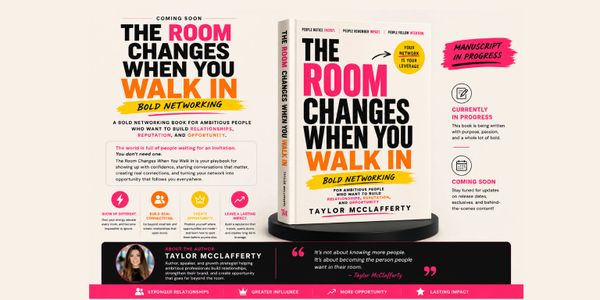Book cover of "The Room Changes When You Walk In" by Taylor McClafferty about bold networking.