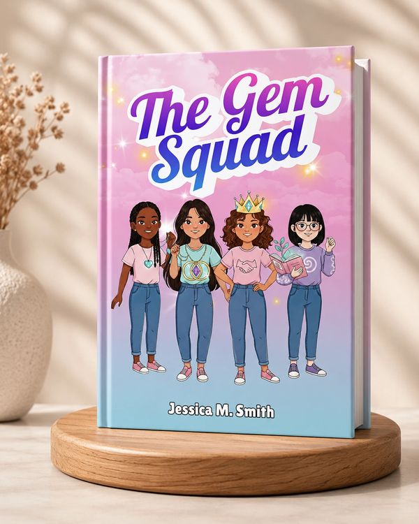 Book titled 'The Gem Squad' with four illustrated girls on the cover.