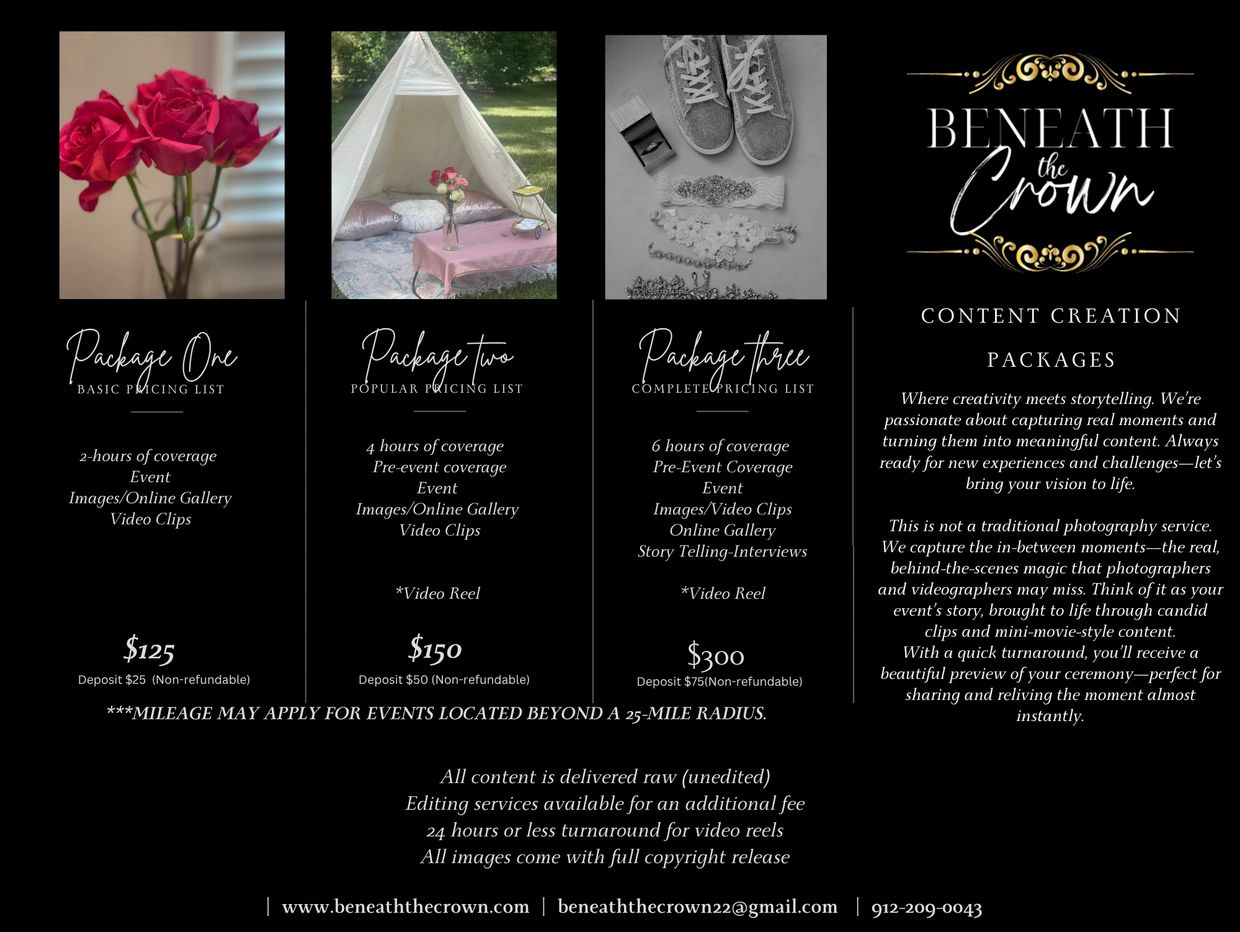 Content creation packages with three pricing options for event coverage and video clips.