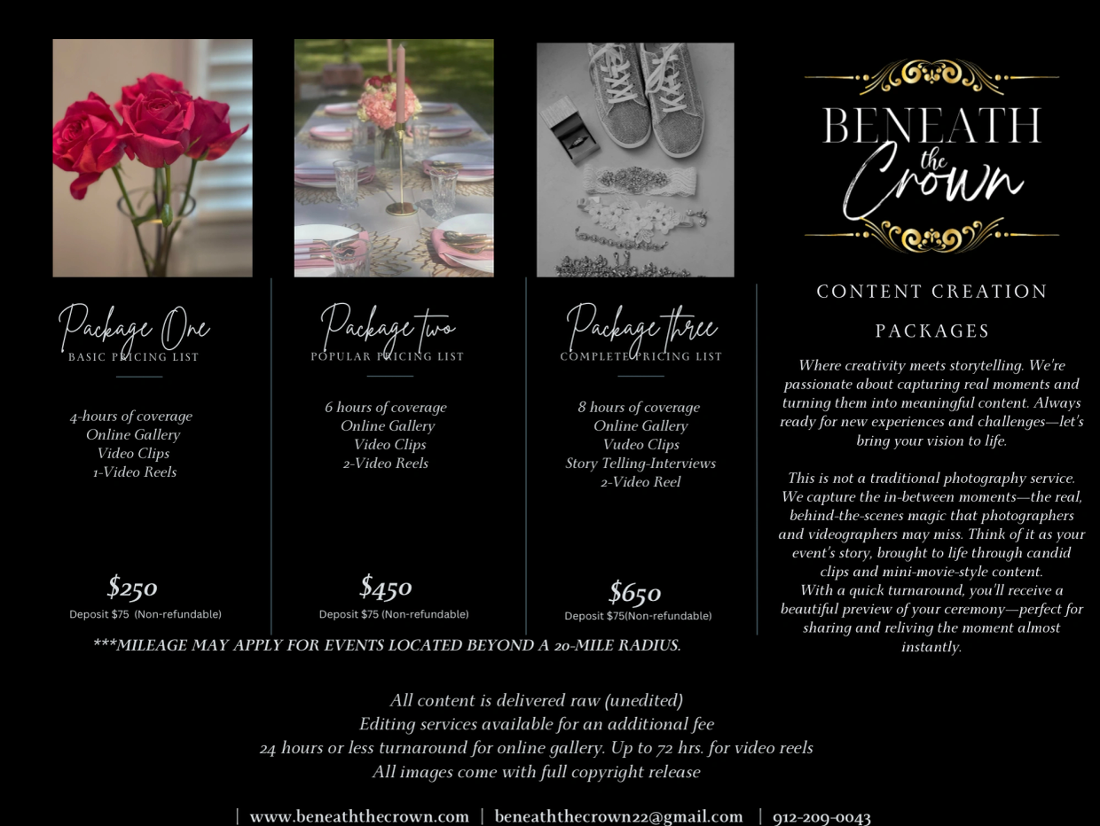 Content creation packages with three pricing tiers and detailed descriptions.