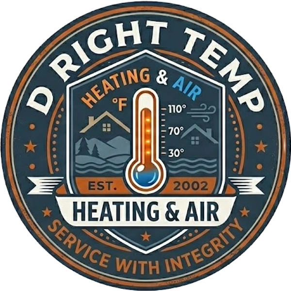 D Right Temp Heating & Air brand logo, established in 2002. Tagline: Service with Integrity.