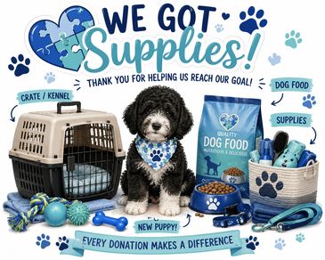 Puppy with pet supplies and thank you message.