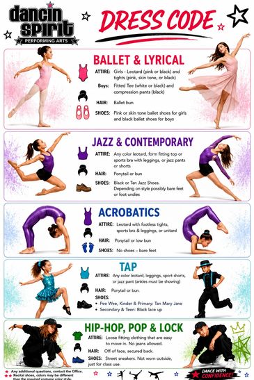 Dance style attire guide for Ballet, Jazz, Acrobatics, Tap, and Hip-Hop.