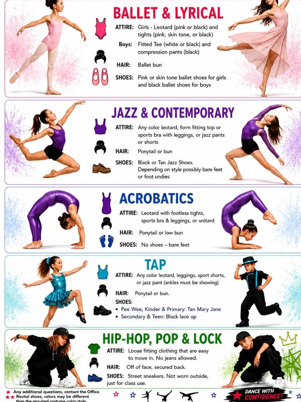 Dance style attire guide for Ballet, Jazz, Acrobatics, Tap, and Hip-Hop.