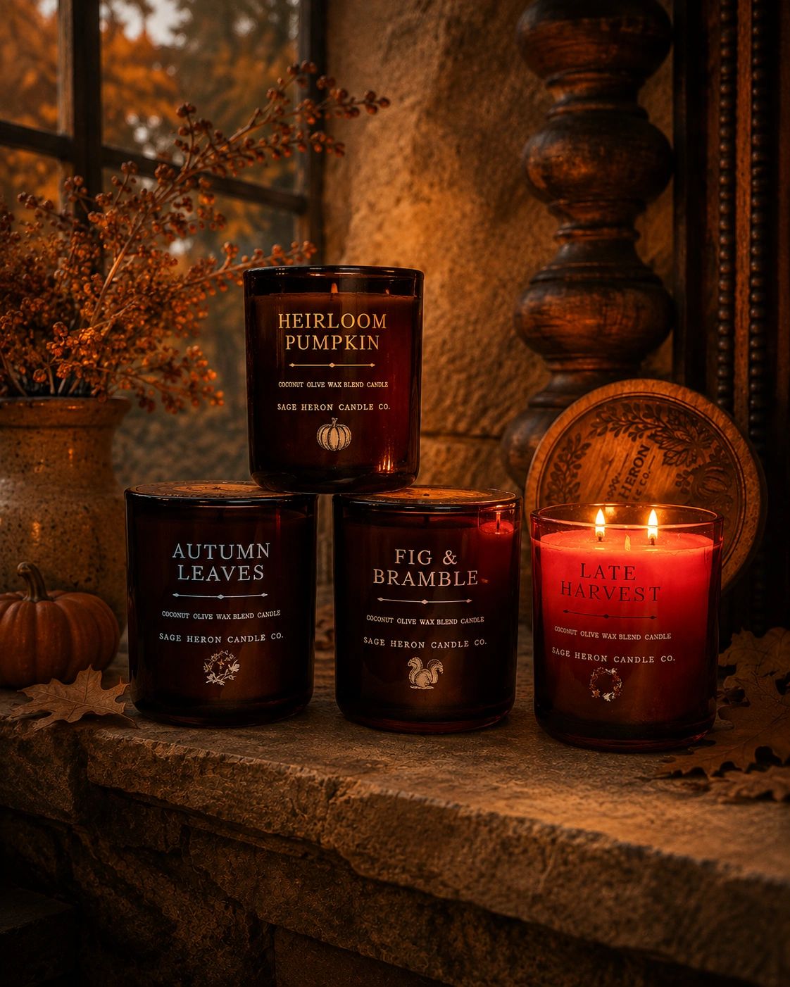 4 candles on mantle. Fall