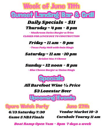 Sunset Landing Bar &amp; Grill weekly specials and events for June 11th week.