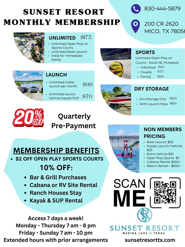 Sunset Resort monthly membership offers unlimited sports and boat launch options with discounts and extended hours.