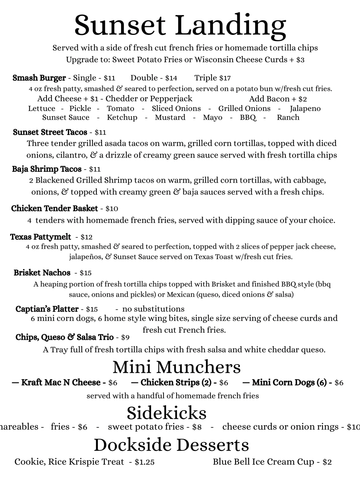 Menu for Sunset Landing with burgers, tacos, sandwiches, and desserts.
