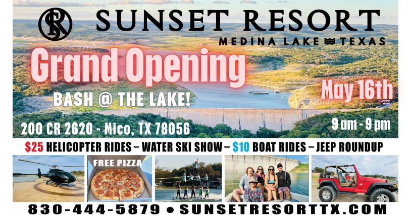 Sunset Resort Grand Opening event with activities and rides at Medina Lake, Texas.