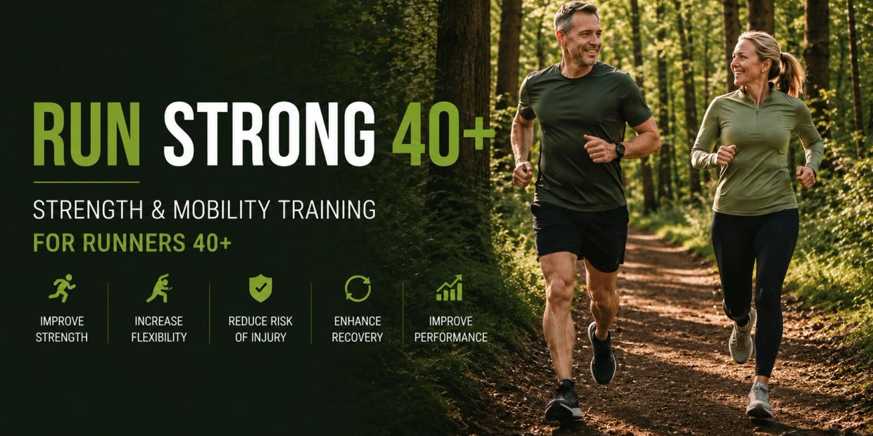 Couple running in nature promoting Run Strong 40+ training.