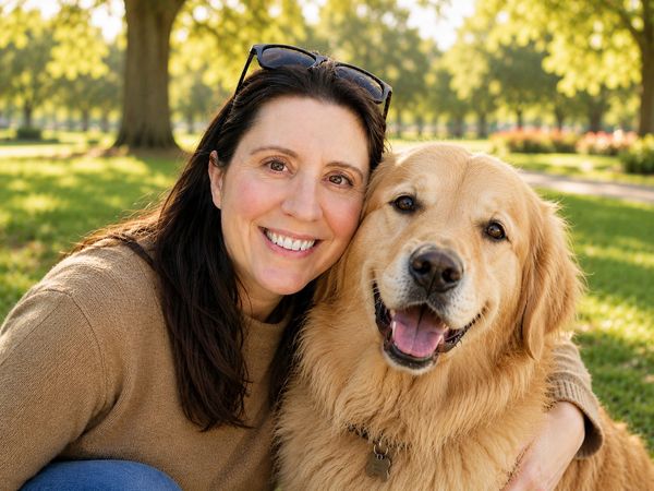 Woman hugging a happy golden retriever outdoors.