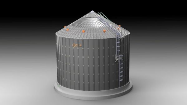 Metal silo yapısı gri renkli ve merdivenle donatılmış.