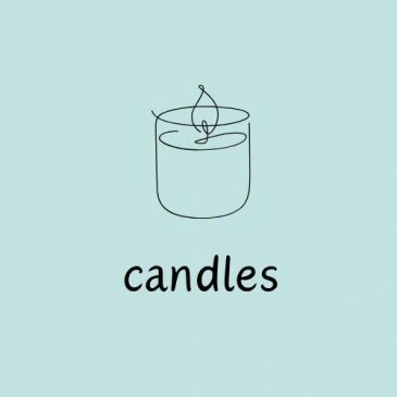 Minimalist line drawing of a candle with the word 'candles' below it.