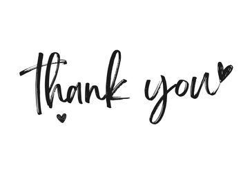 Handwritten 'thank you' with hearts in black ink.