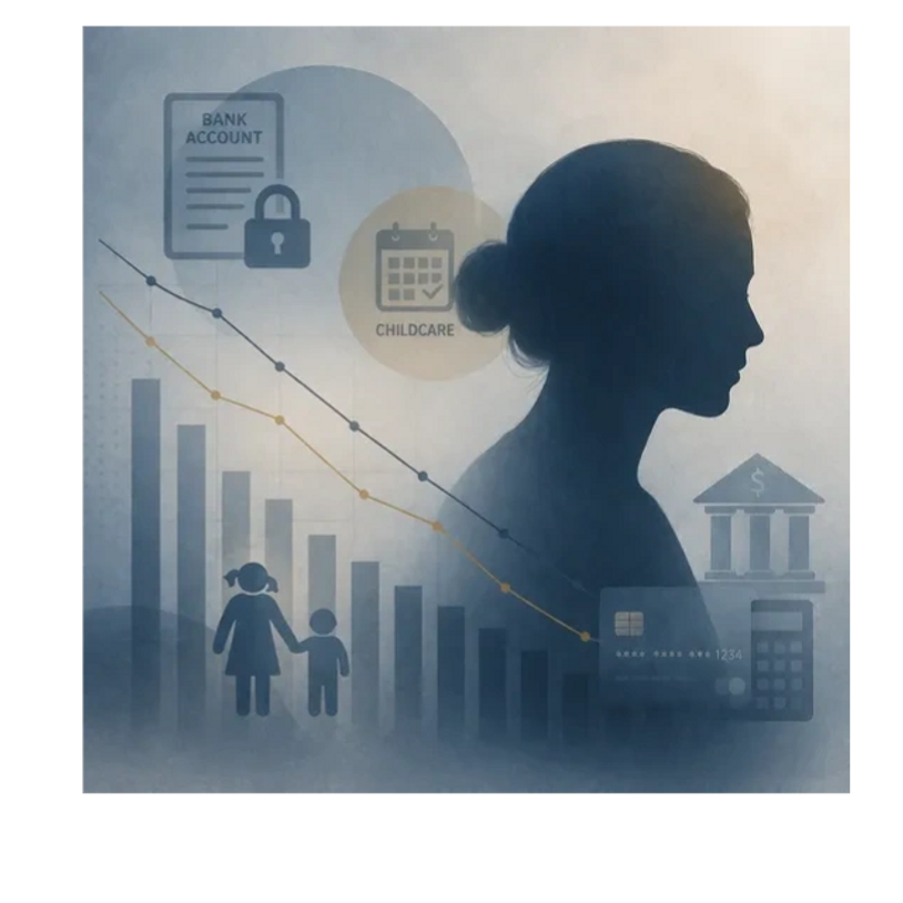 Graphic with a woman, a bank account statement, bar graph, children, credit card, calculator