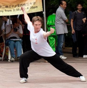 A person doing an empty hands kung fu form.