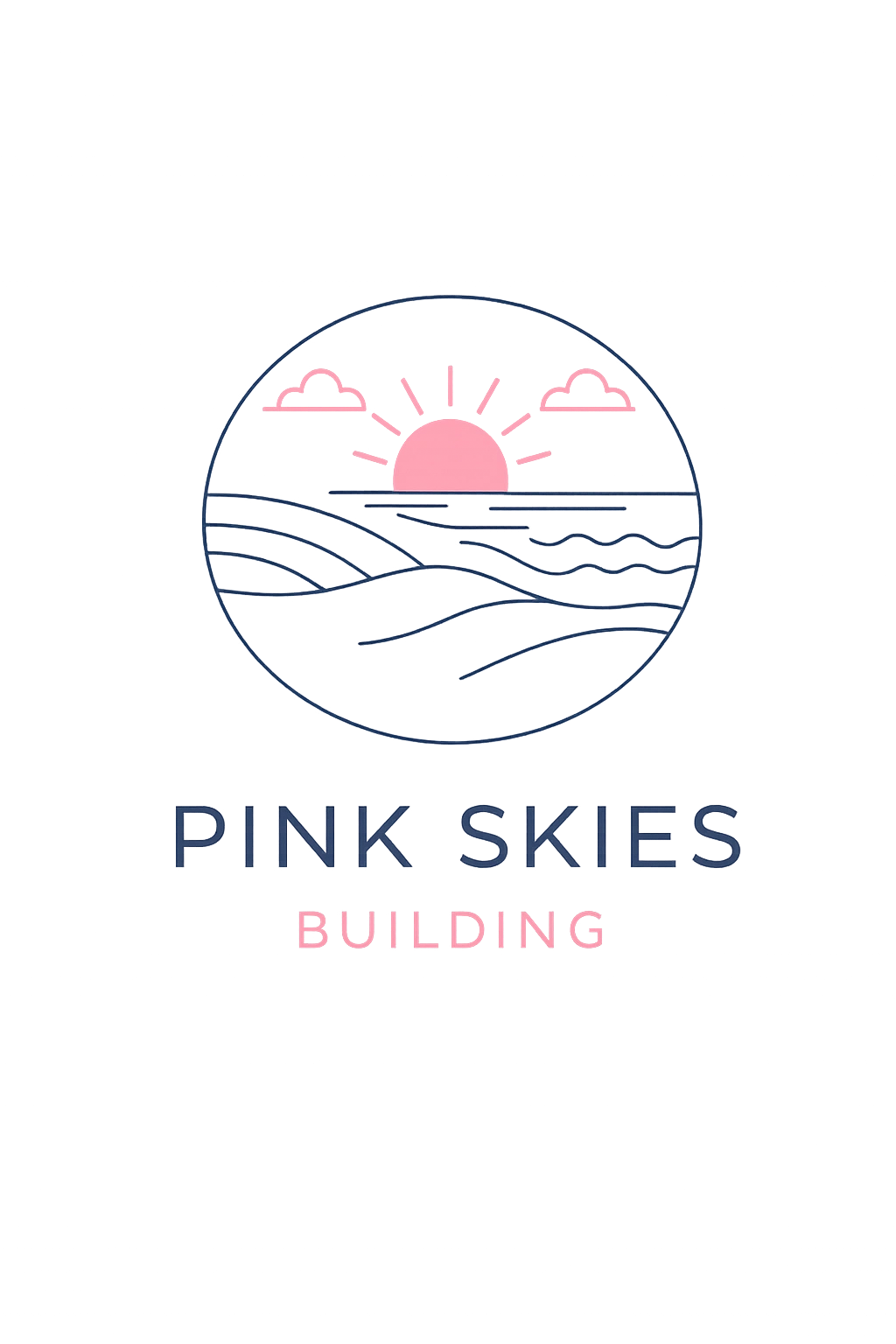 Minimalist logo with pink sun and waves for Pink Skies Building Inspections.