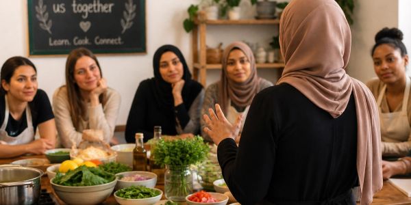 A woman in a hijab teaches cooking to a diverse group of women.
