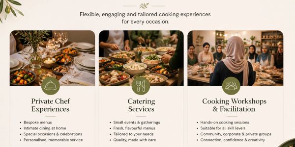 Visual showcasing private chef, catering, and cooking workshop services for tailored culinary experiences.