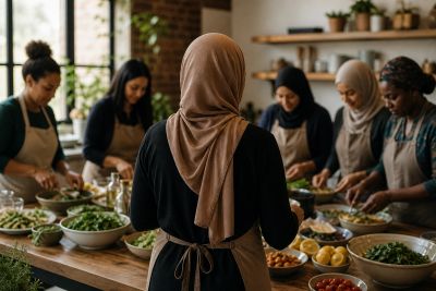 Group of diverse women preparing food together in a cozy kitchen.