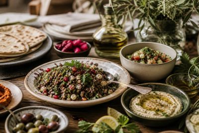 A beautifully arranged Mediterranean meal with lentil salad, hummus, olives, and flatbread.