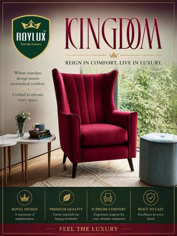 Luxurious red armchair in elegant room with Royalux branding.