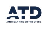Logo of American Tire Distributors with bold letters and a sleek design.