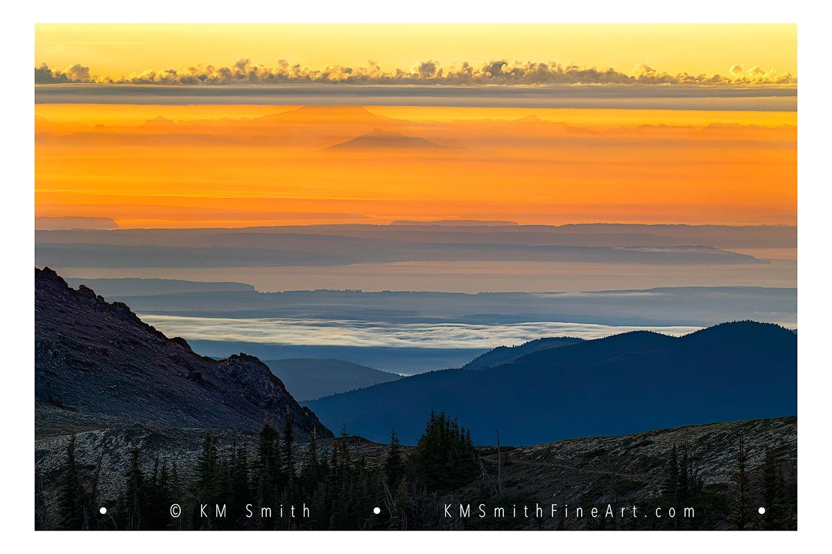Landscape fine art photo (Olympic Dawn) of sunrise on Mount Baker from Blue Mountain in Olympic NP.