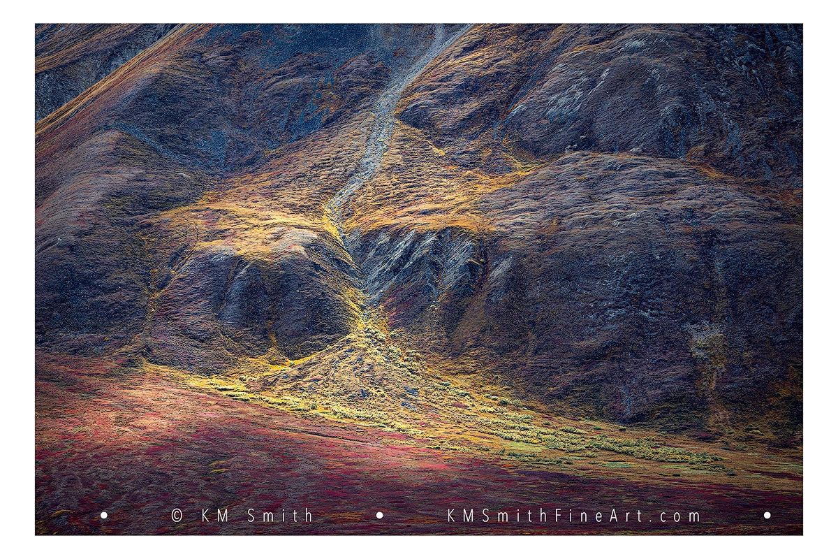 Taken in Denali NP, "River of Time 3" depicts the Alaska tundra colors in autumn and glacier flow.