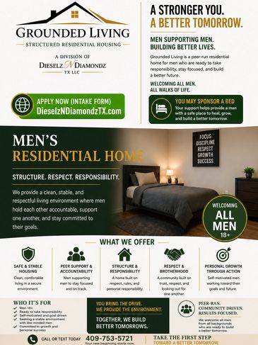 Flyer for Grounded Living men's residential housing, promoting structure, respect, and responsibility.