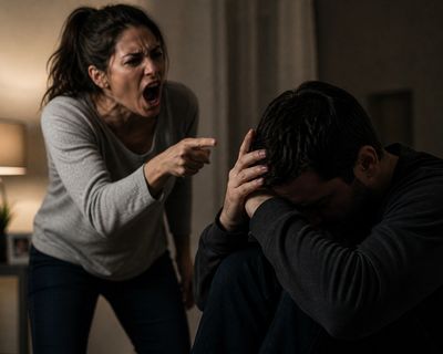 A woman angrily yelling at a man who is upset and hiding his face.