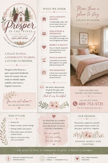 Brochure for Prosper in the Pines, a supportive housing community for women.