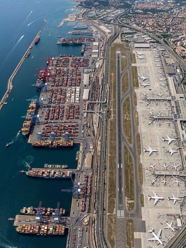Aerial view of a busy port and adjacent airport with airplanes and shipping containers.
