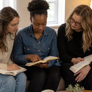 Three women reading books together indoors.