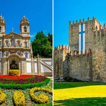 Igreja antiga e castelo histórico em dias ensolarados.
