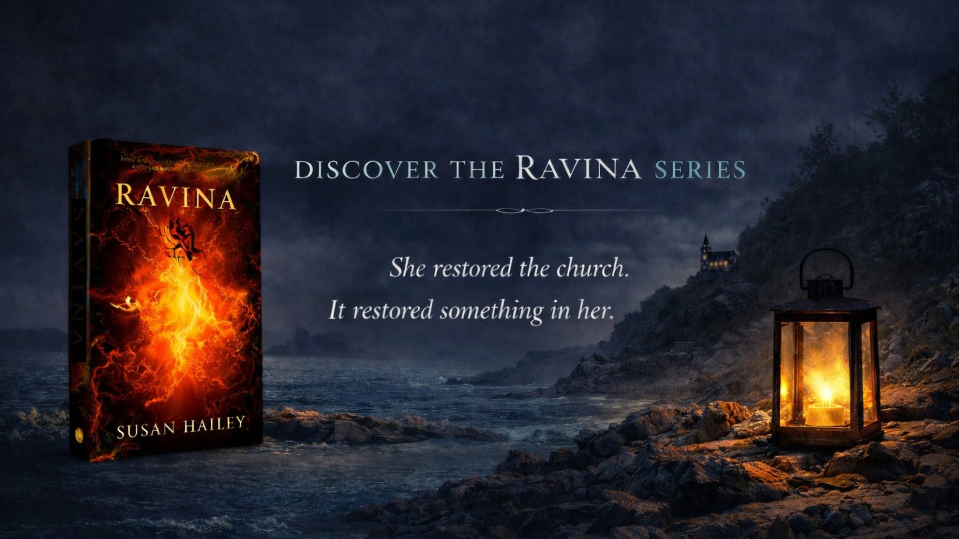 A glowing lantern on a rocky coastline at dusk beside crashing waves, with a distant cliffside churc