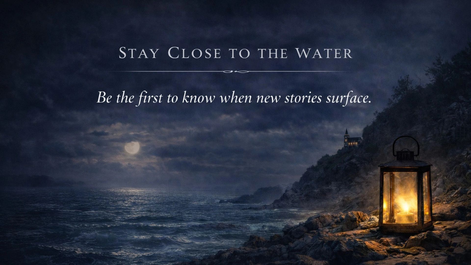 A moonlit ocean coastline with a glowing lantern on the rocky shore, waves rolling in, and a distant