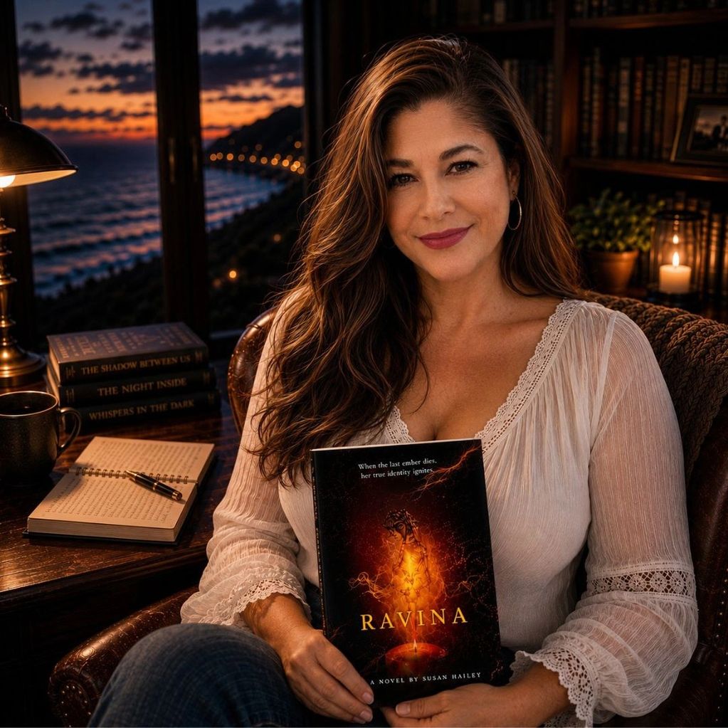 Susan Hailey, author of Ravina, in her library overlooking the California coast at dusk.