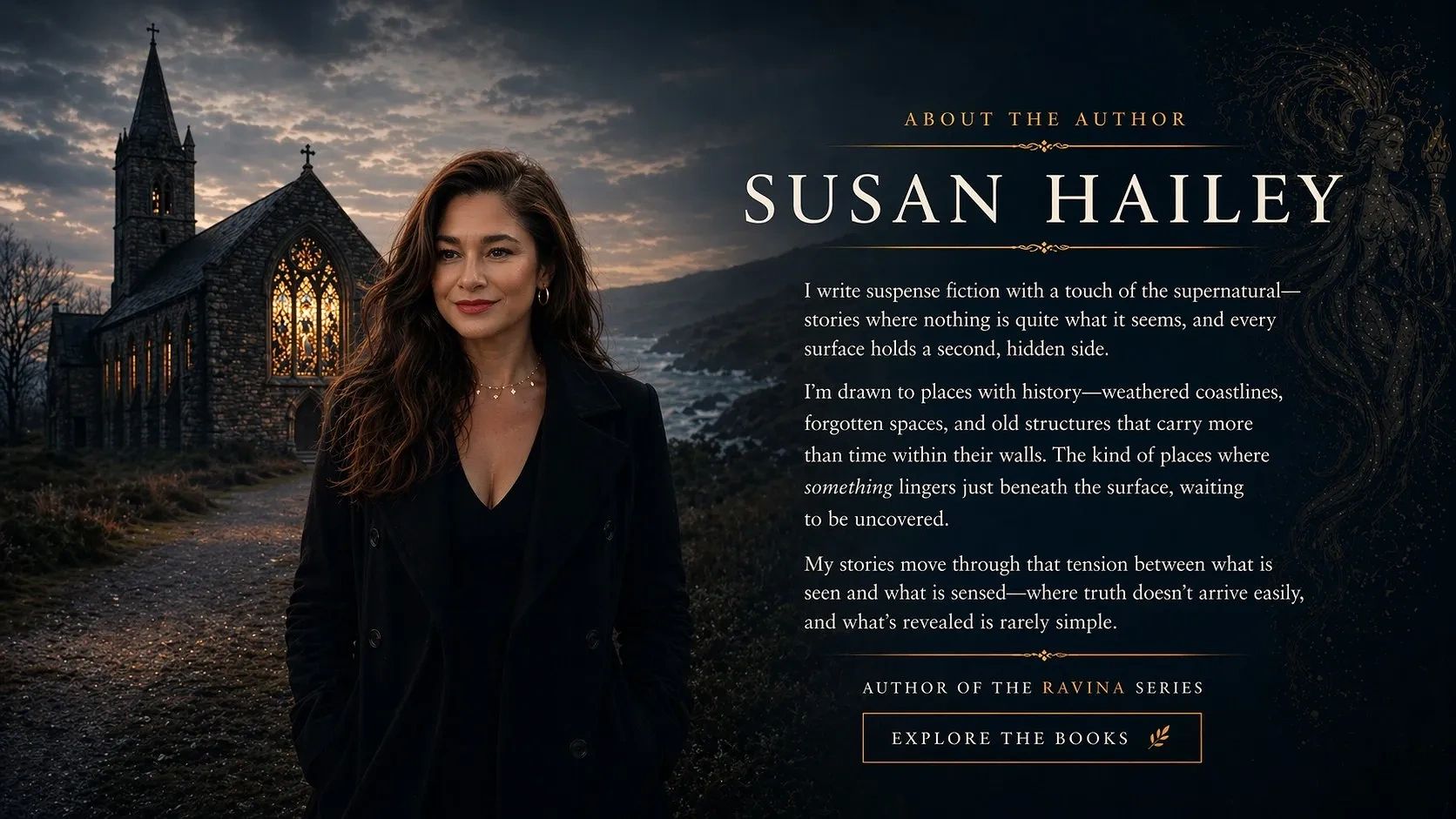 Susan Hailey author photo for Ravina series, set by a coastal church at sunset, reflecting suspense 
