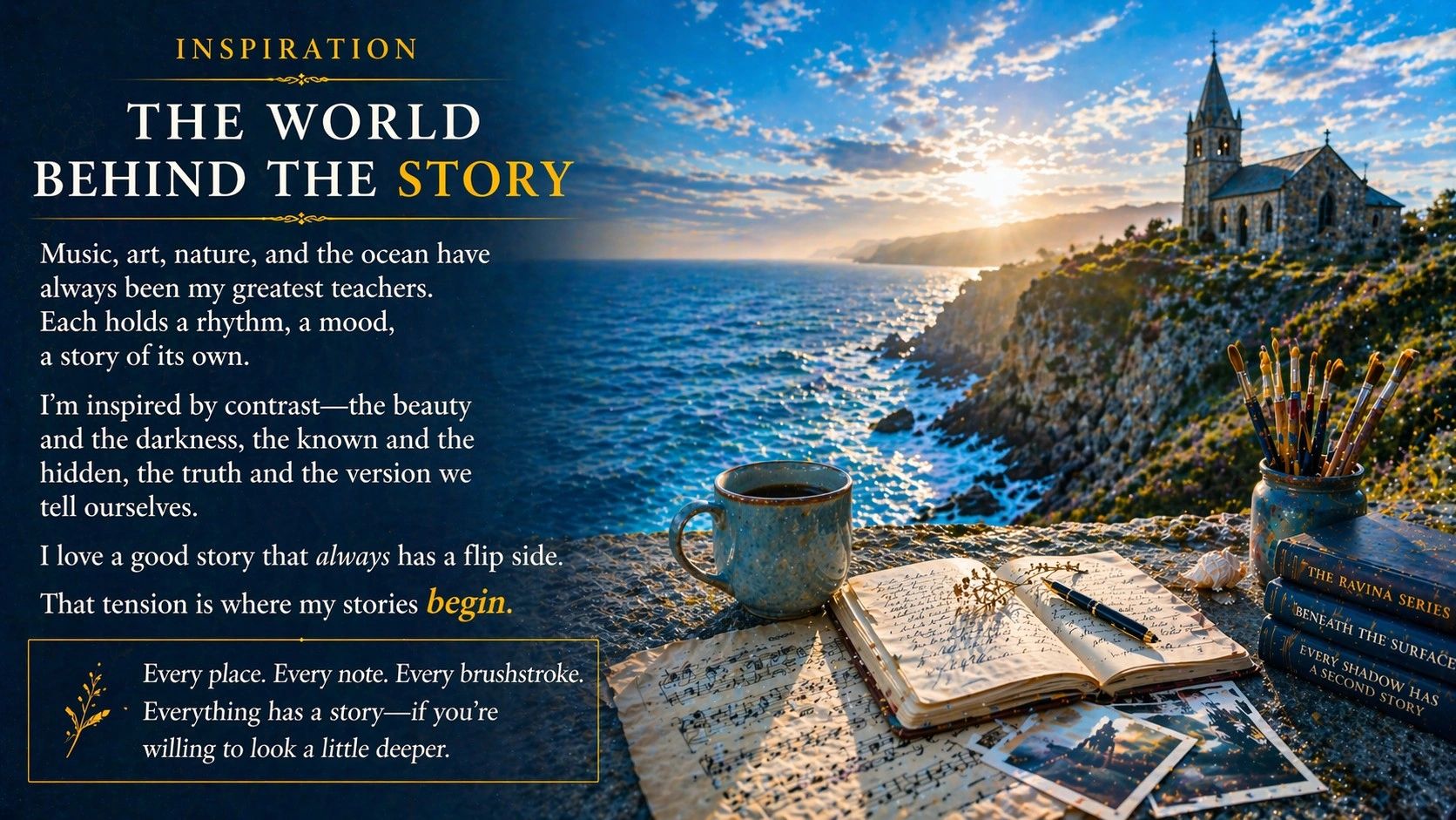 Coastal inspiration scene for author Susan Hailey’s About page, featuring  creative elements.
