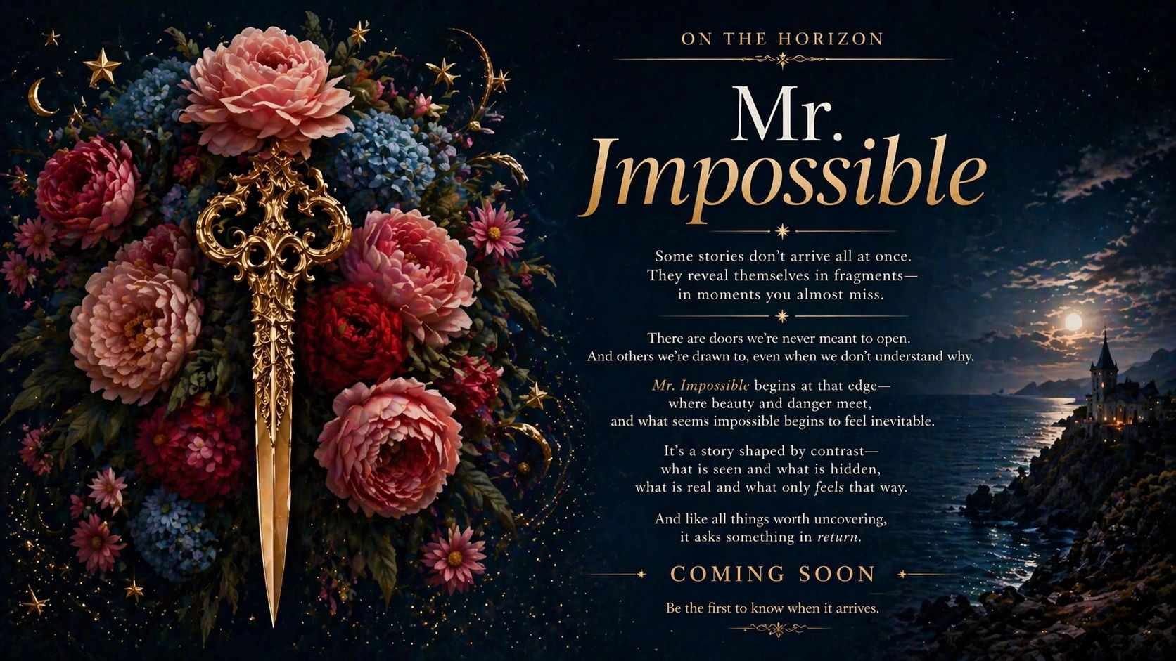A cinematic “Coming Soon” feature for Mr. Impossible by Susan Hailey, depicting a gold key surrounde