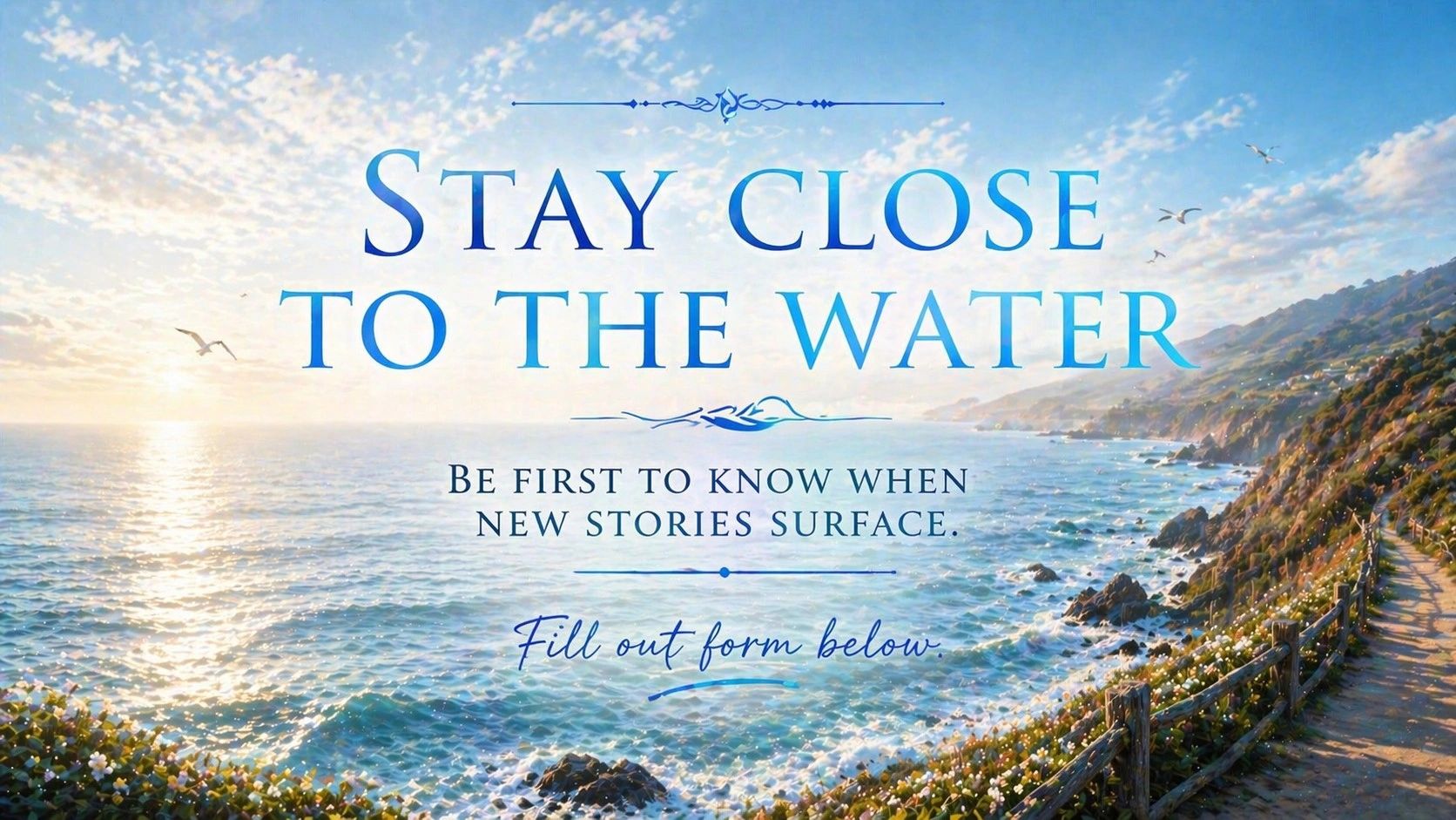 A bright coastal ocean scene with sunlight over waves and a cliffside path, used in the newsletter s